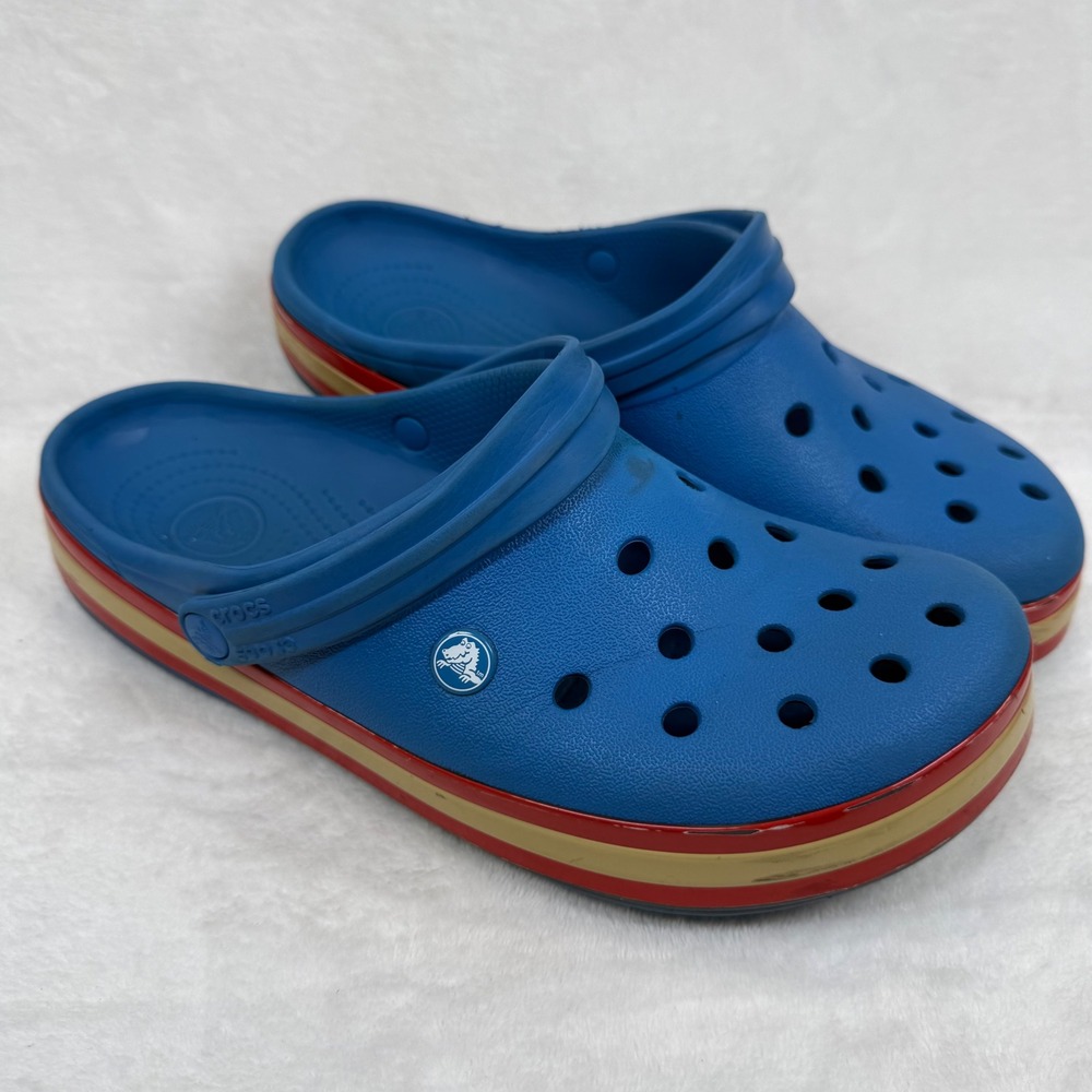 Crocs Crocband Clogs Blue Red Tan Striped Midsole Slip On Shoes M10 W12